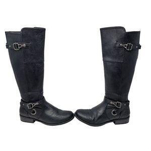 G by Guess Harvest Knee High Boots 10M Black Faux Leather Harness Equestrian